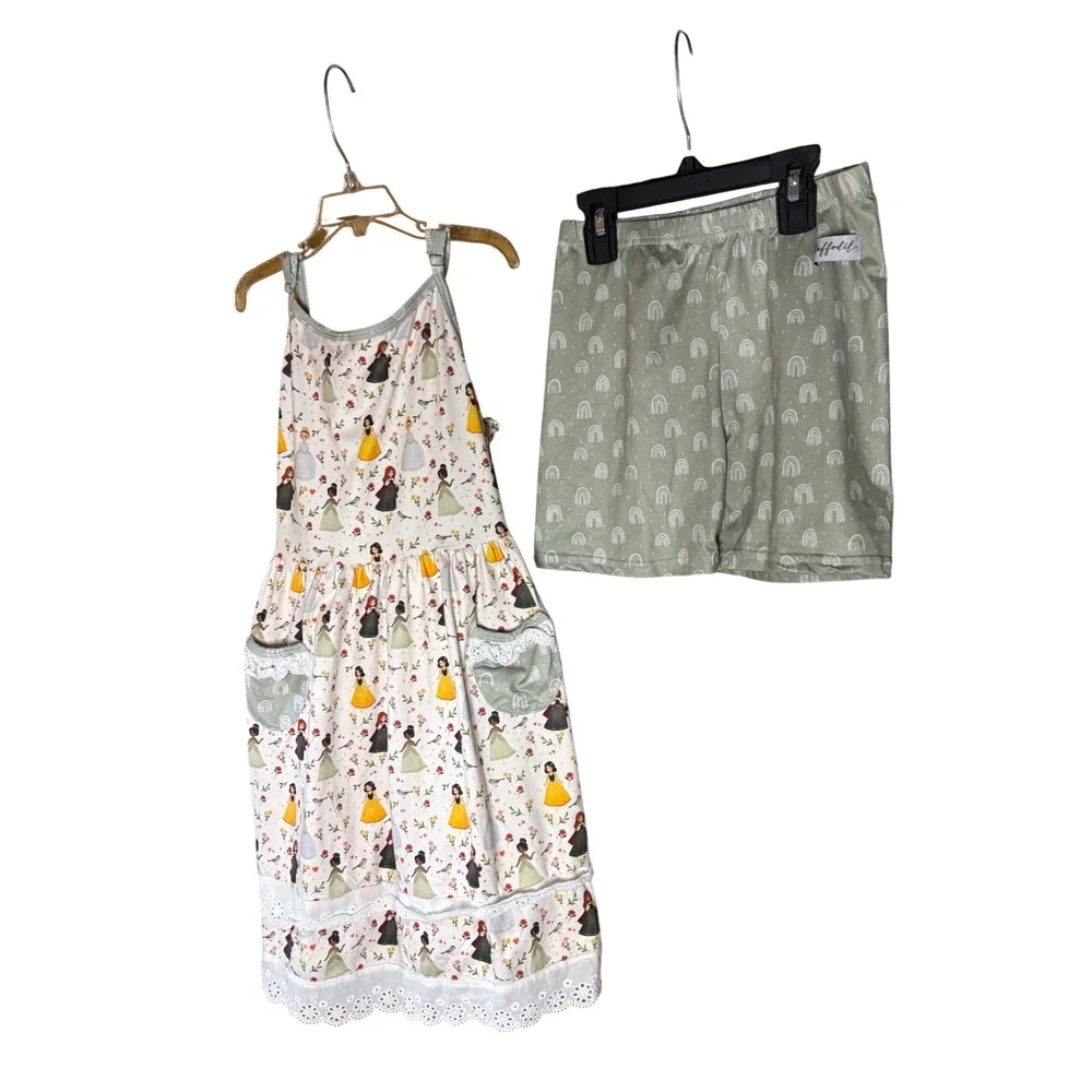 Daffodil Kids Princess Print Dress and Rainbow Shorts Set Sage Green 8Y